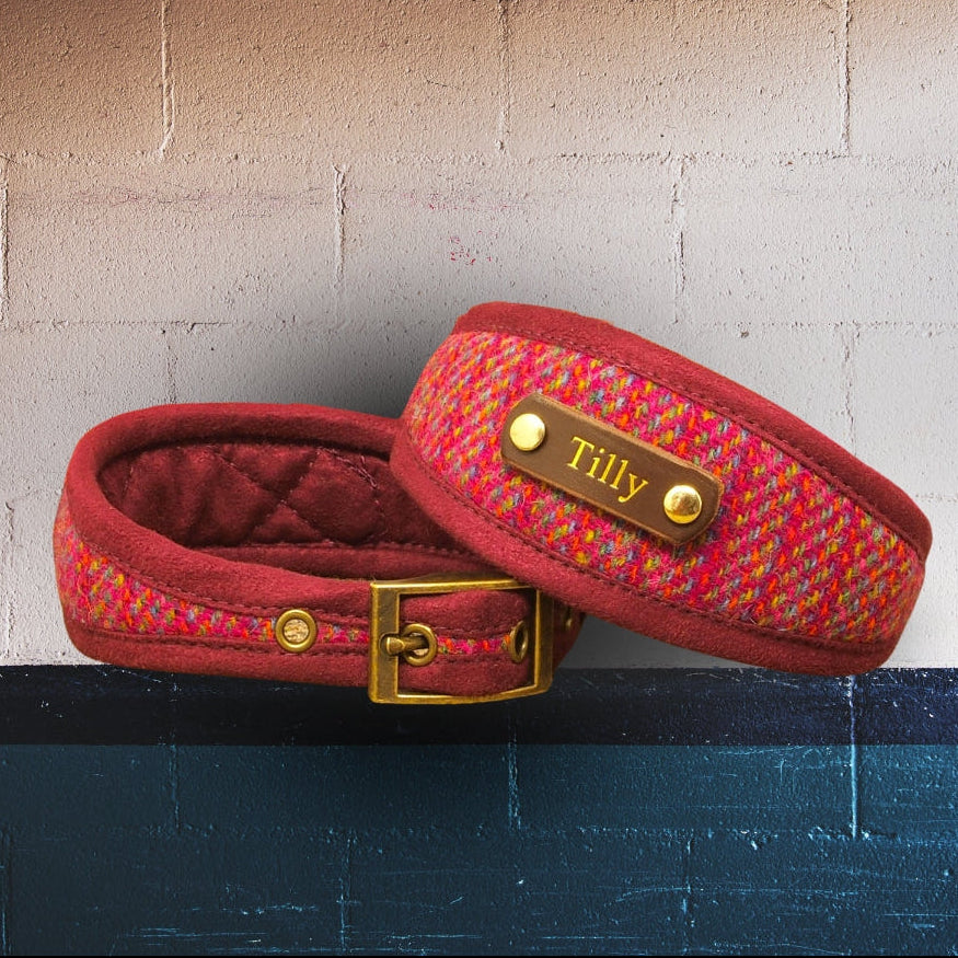 pink kaona stripe harris tweed whippet greyhound sighthound collar and dog collar with dogs name on
