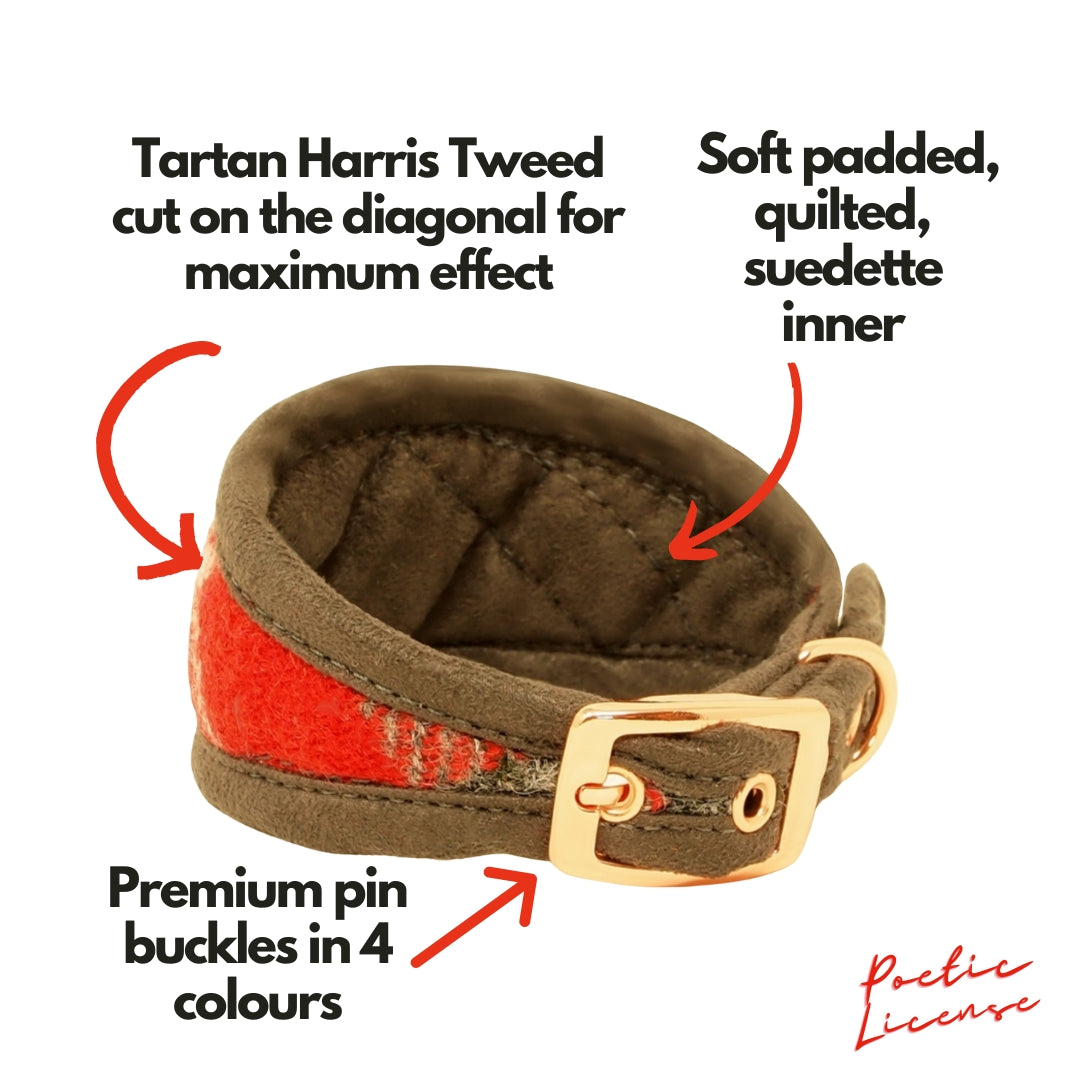 Custom Red & Grey Tartan Dog Collar in Genuine Harris Tweed. Wider width for whippets and sighthounds or slim fit.