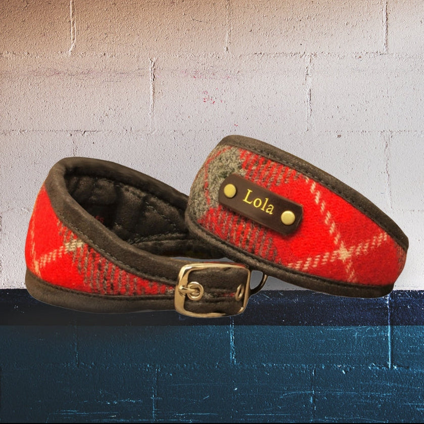 red and grey tartan genuine harris tweed sighthound whippet greyhound dog collars personalized with dogs name on leather nameplate with gold lettering