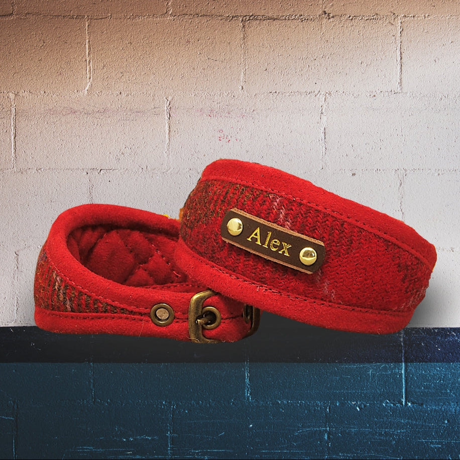 red brown tartan genuine harris tweed whippet greyhound lurcher sighthound wolfhound collar personalized with dogs name on