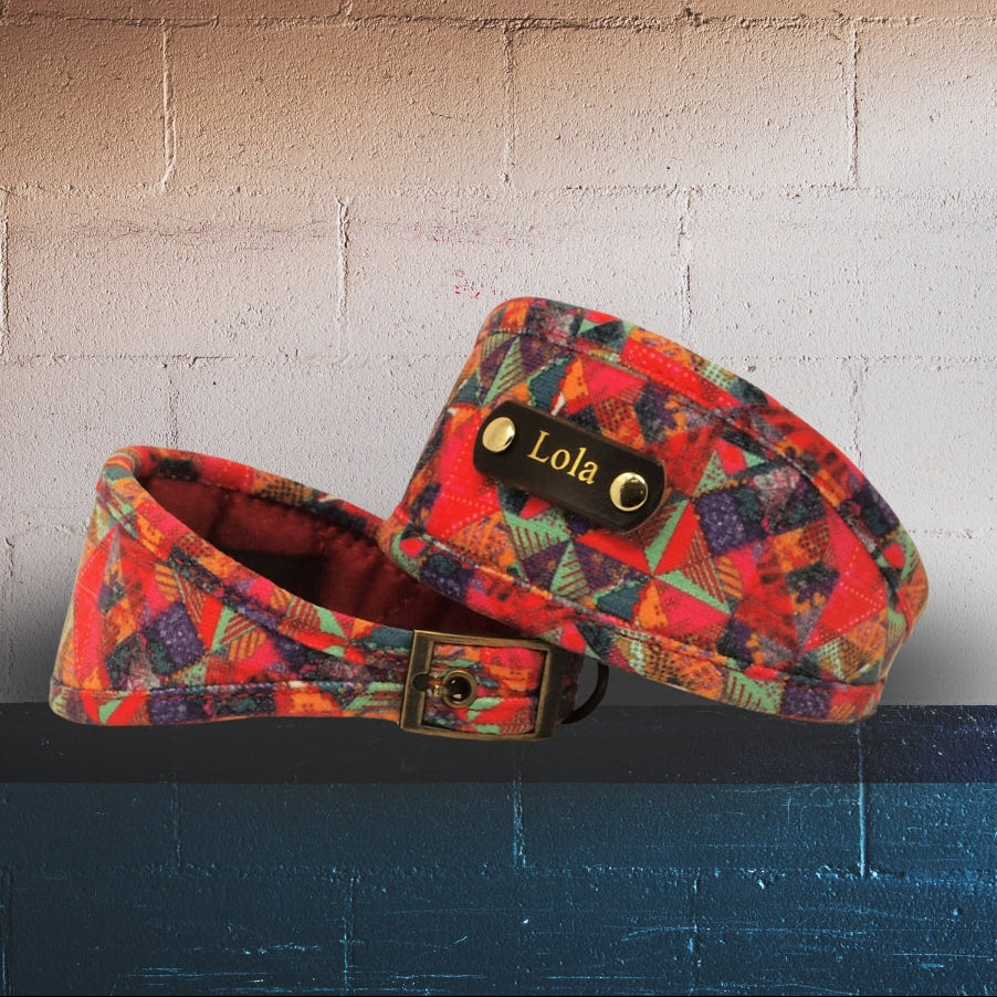 wide dog collar red blue tribal aztec geometric sightound greyhound whippet deerhound iggy collar with soft padding or slim fit for other breeds, personalised dog collar with dogs name on