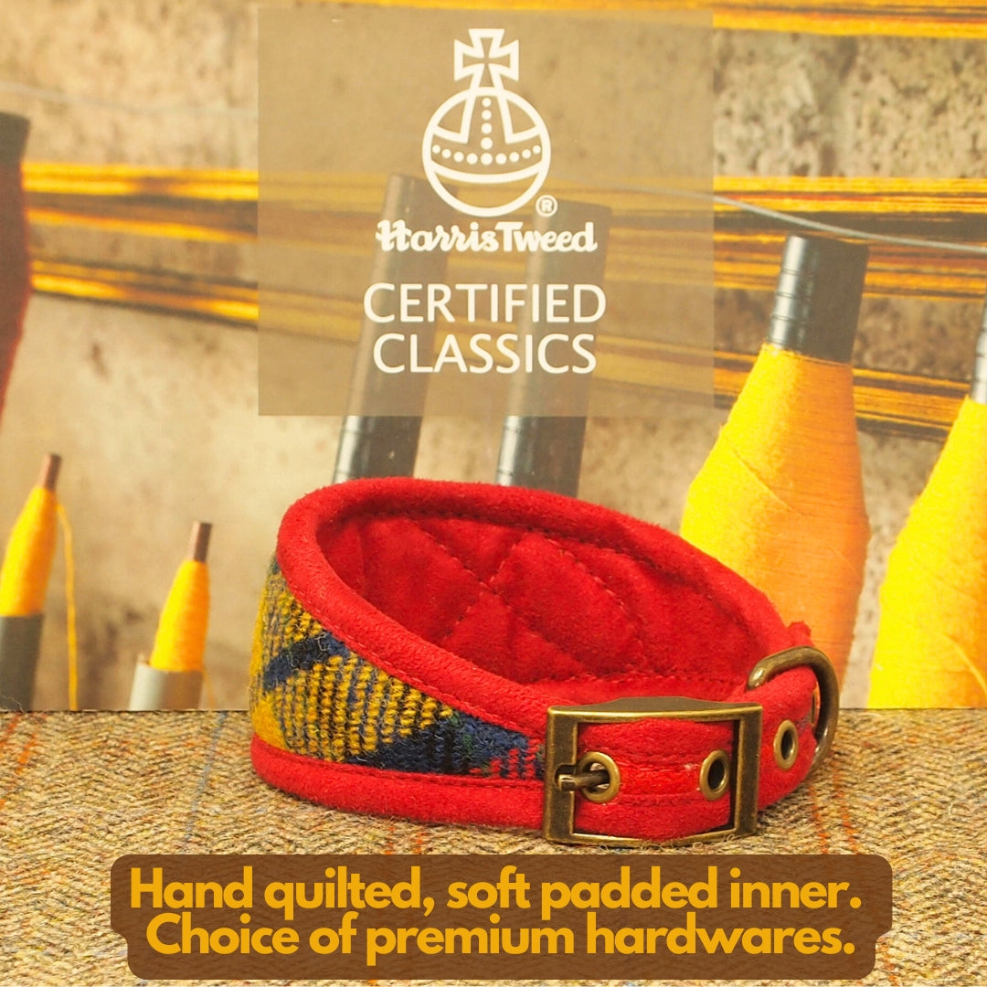 Red & Yellow Tartan Dog Collar, Harris Tweed Greyhound, Whippet width or Slim Fit.