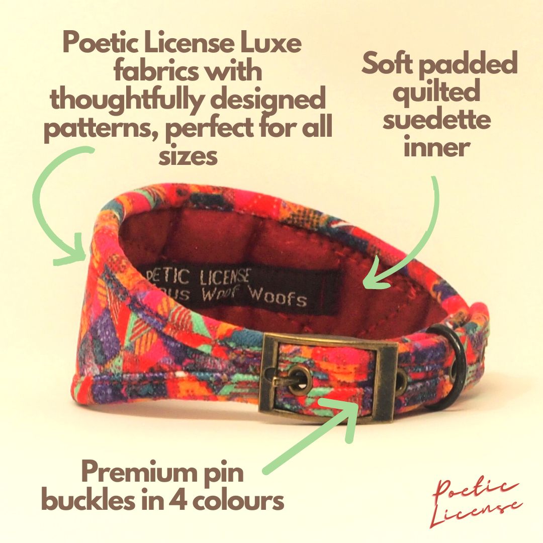 Designer Dog Collar in Red Tribal Geometric Luxury Soft Chenille.