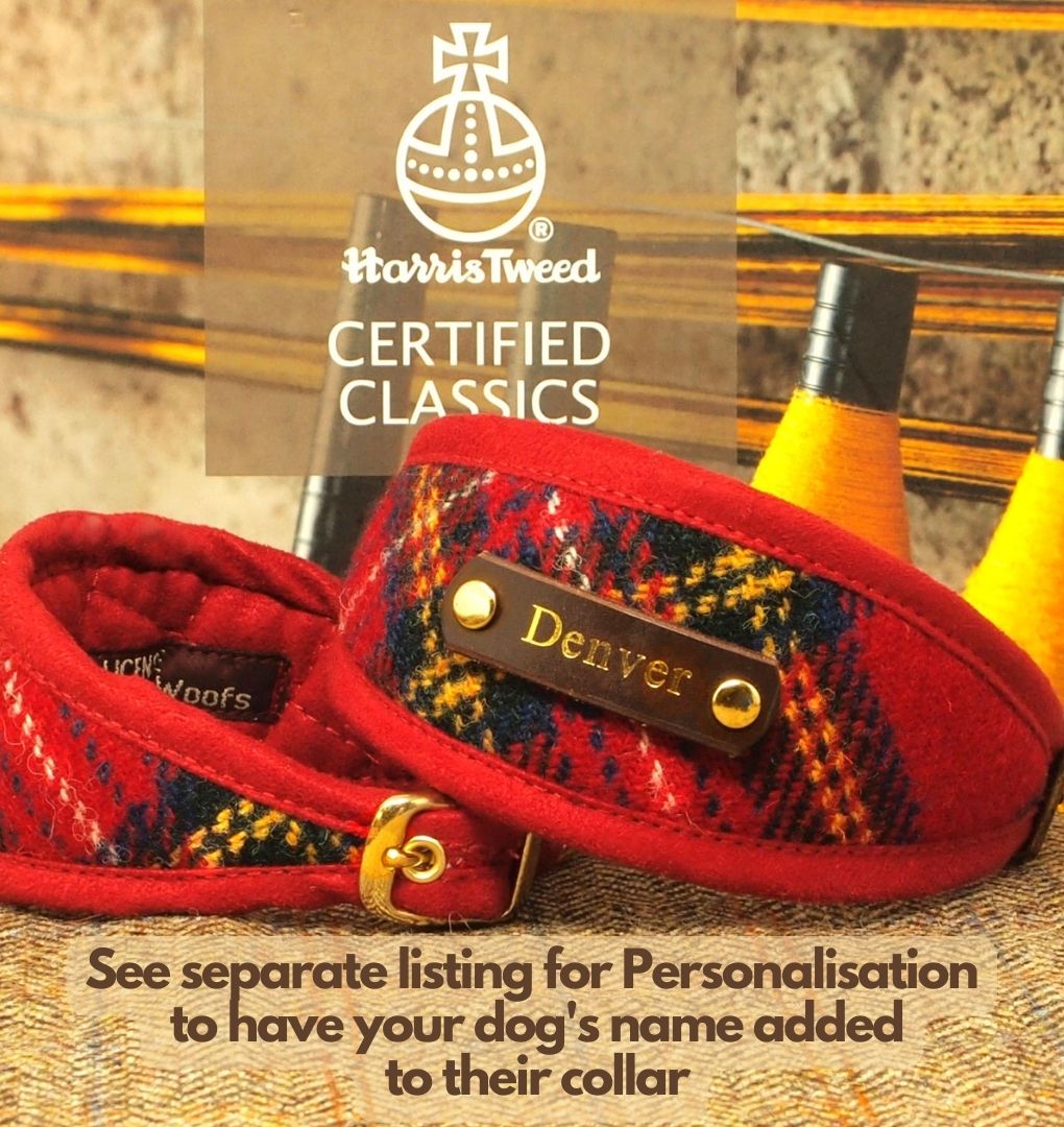 Custom Red Stewart Tartan Dog Collar in genuine Harris Tweed. (Optional Personalisation)