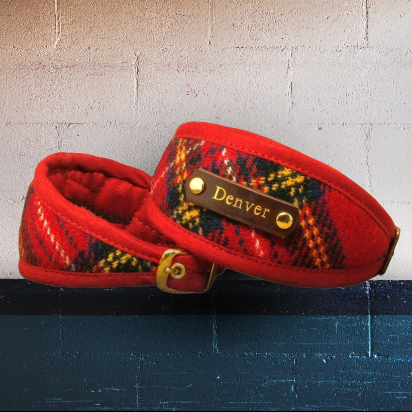 stewart tartan harris tweed dog collar, sighthound whippet or greyhound. custom personalized with dogs name on tan leather with gold lettering