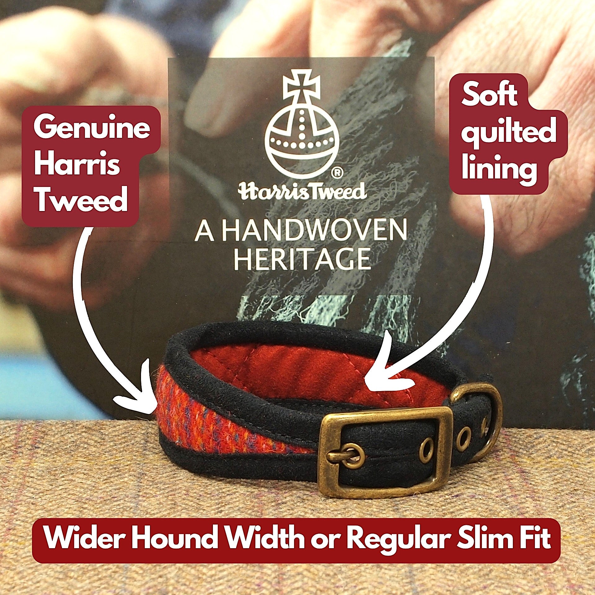 Watermelon Red Stripe Harris Tweed Dog Collar, Greyhound, Whippet, or Slim Fit. Optional personalisation with dog&