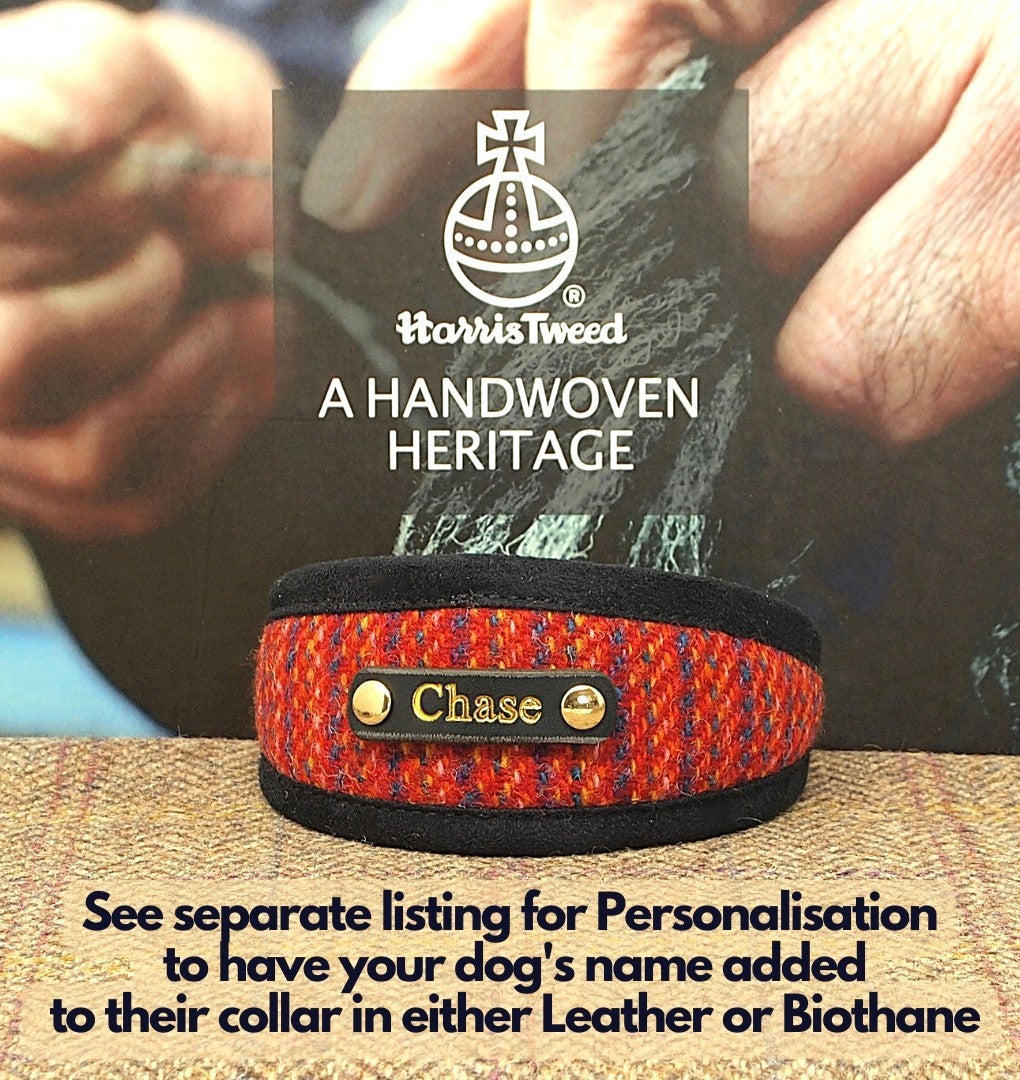 Red Stripe Harris Tweed Dog Collar, Greyhound, Whippet, or Slim Fit. Optional personalisation with dog&