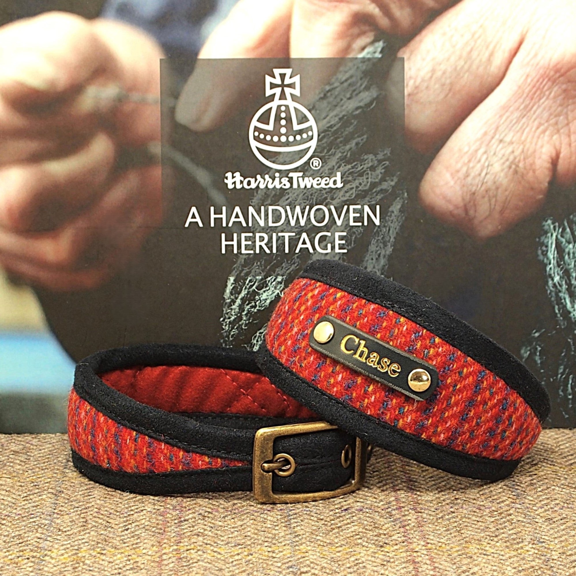 red stripe harris tweed dog collar, made to order, option to add dogs name to collar
