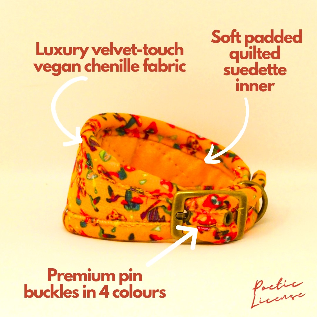 Custom Dog Collar in Yellow Mushrooms with optional name personalisation. For sighthounds, whippets, greyhounds or slim fit.