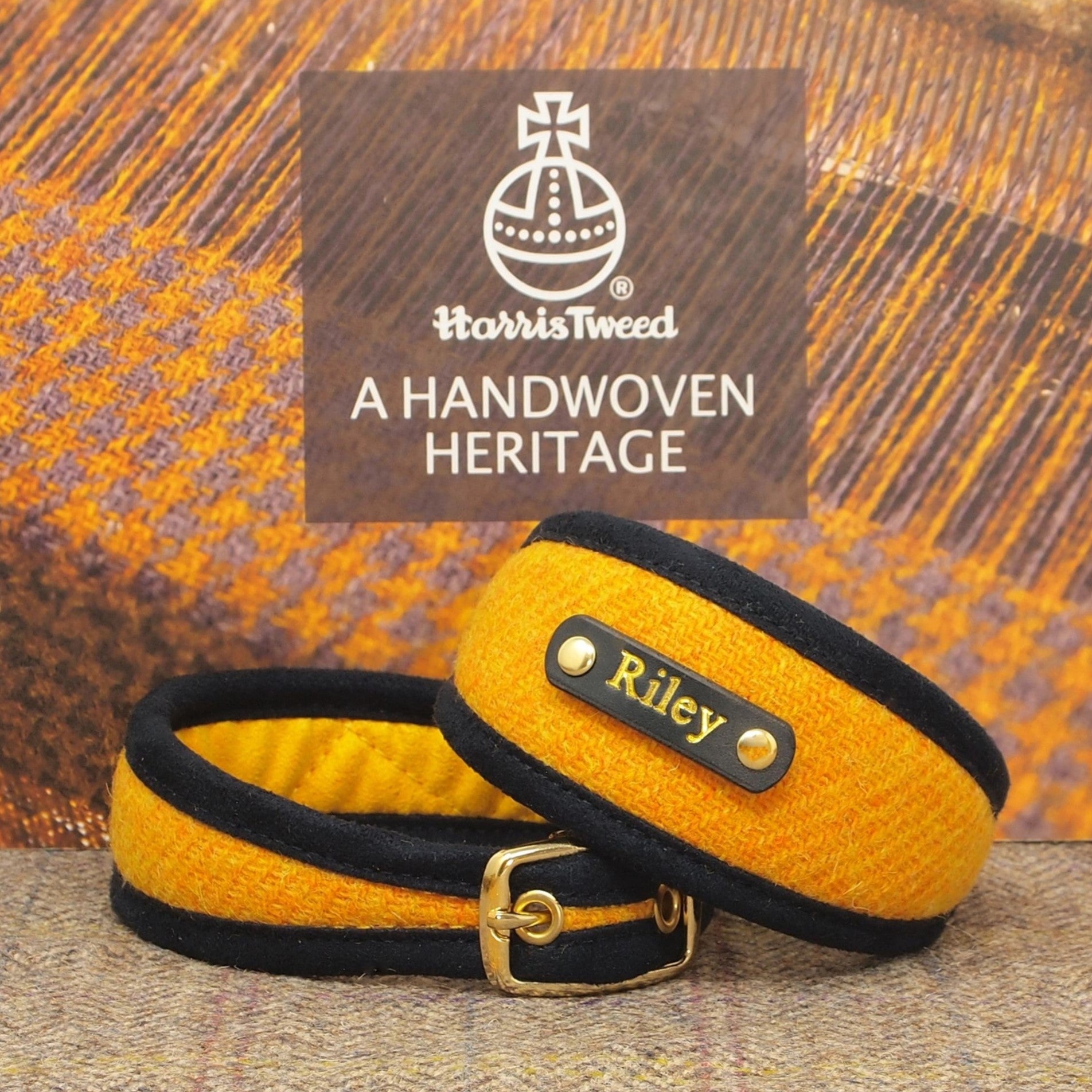 harris tweed yellow dog collar with optional personalisation to add dogs name