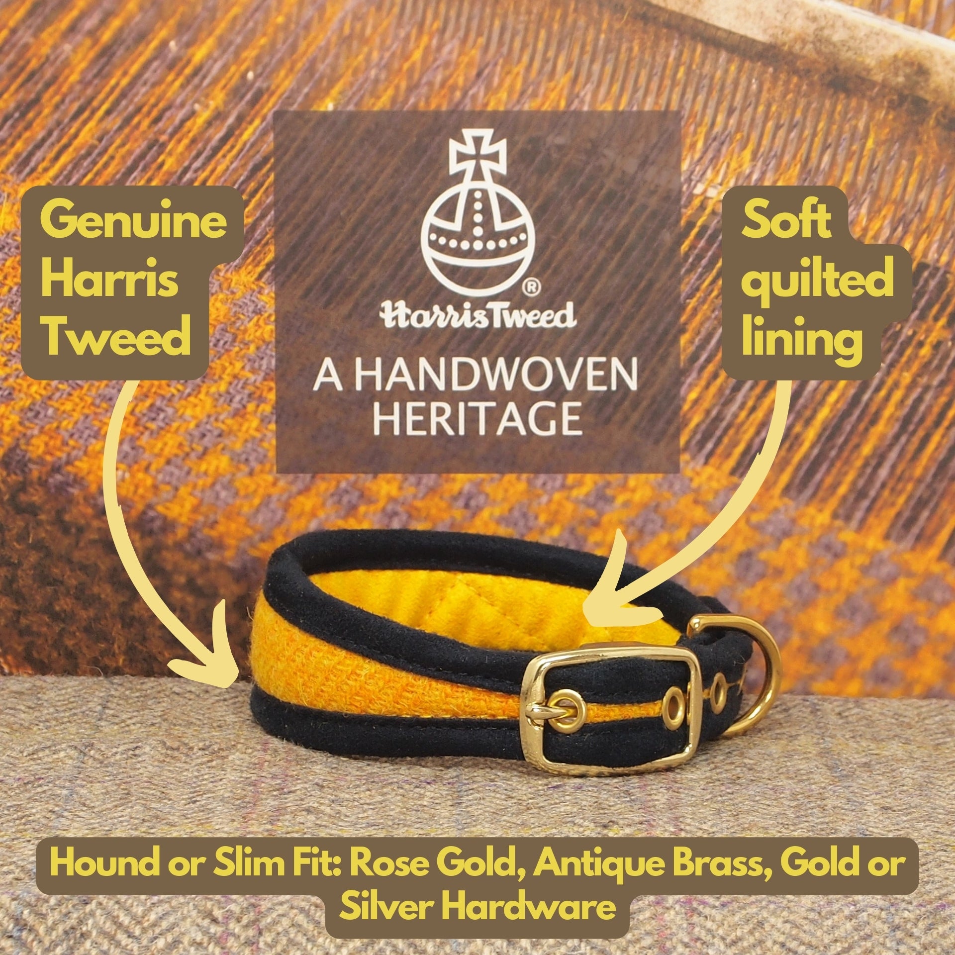 Yellow Harris Tweed Dog Collar, Greyhound, Whippet. Can be personalised with name on the collar