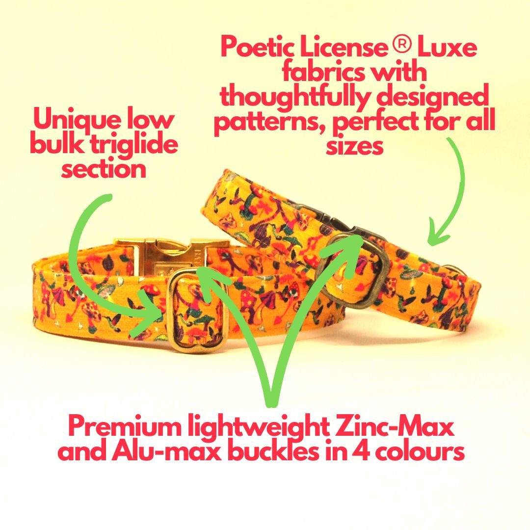 Luxe Chenille Standard Dog Collar in Yellow Mushrooms & Birds