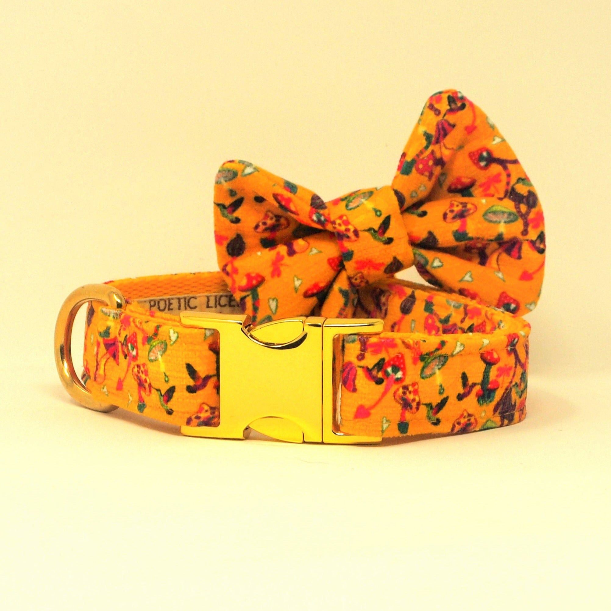 Luxe Chenille Standard Dog Collar in Yellow Mushrooms & Birds