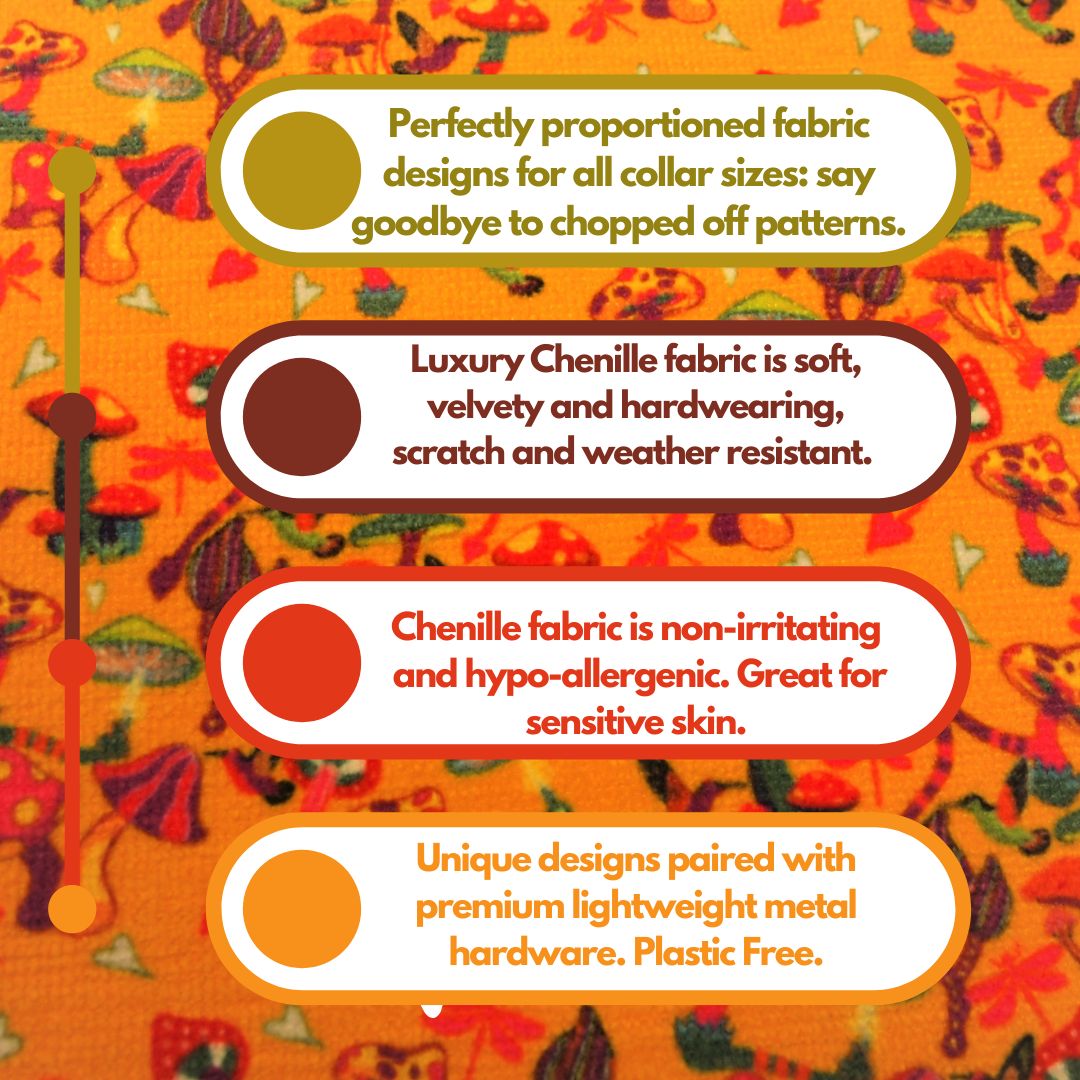 Designer Dog Collar in Yellow Mushrooms with optional name personalisation.