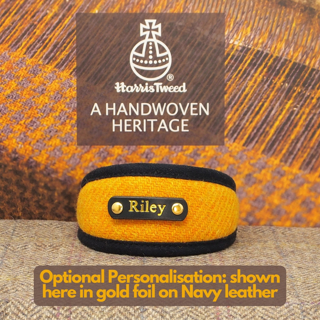 Yellow Harris Tweed Dog Collar, Greyhound, Whippet. Can be personalised with name on the collar