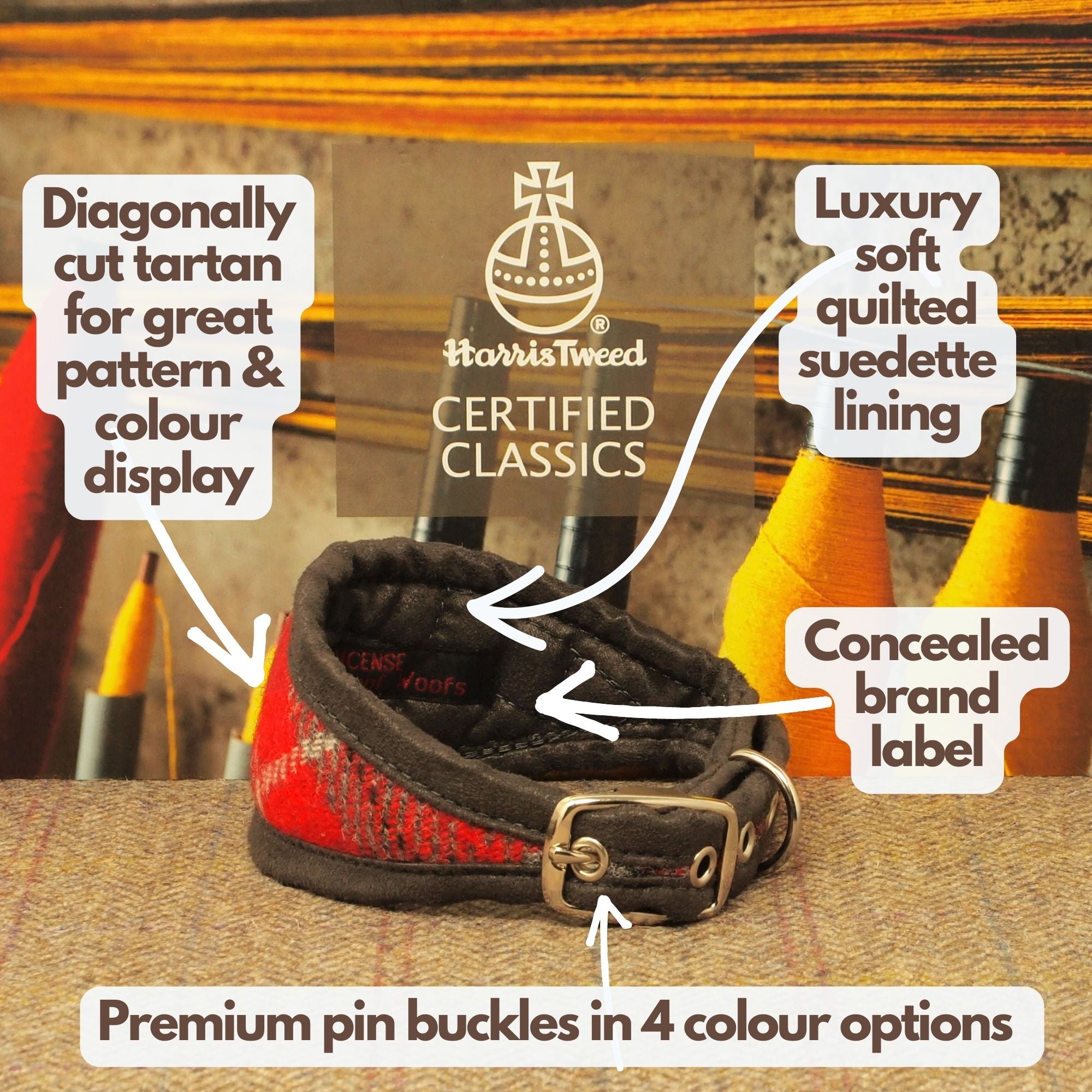 Custom Red & Grey Tartan Dog Collar in Genuine Harris Tweed.