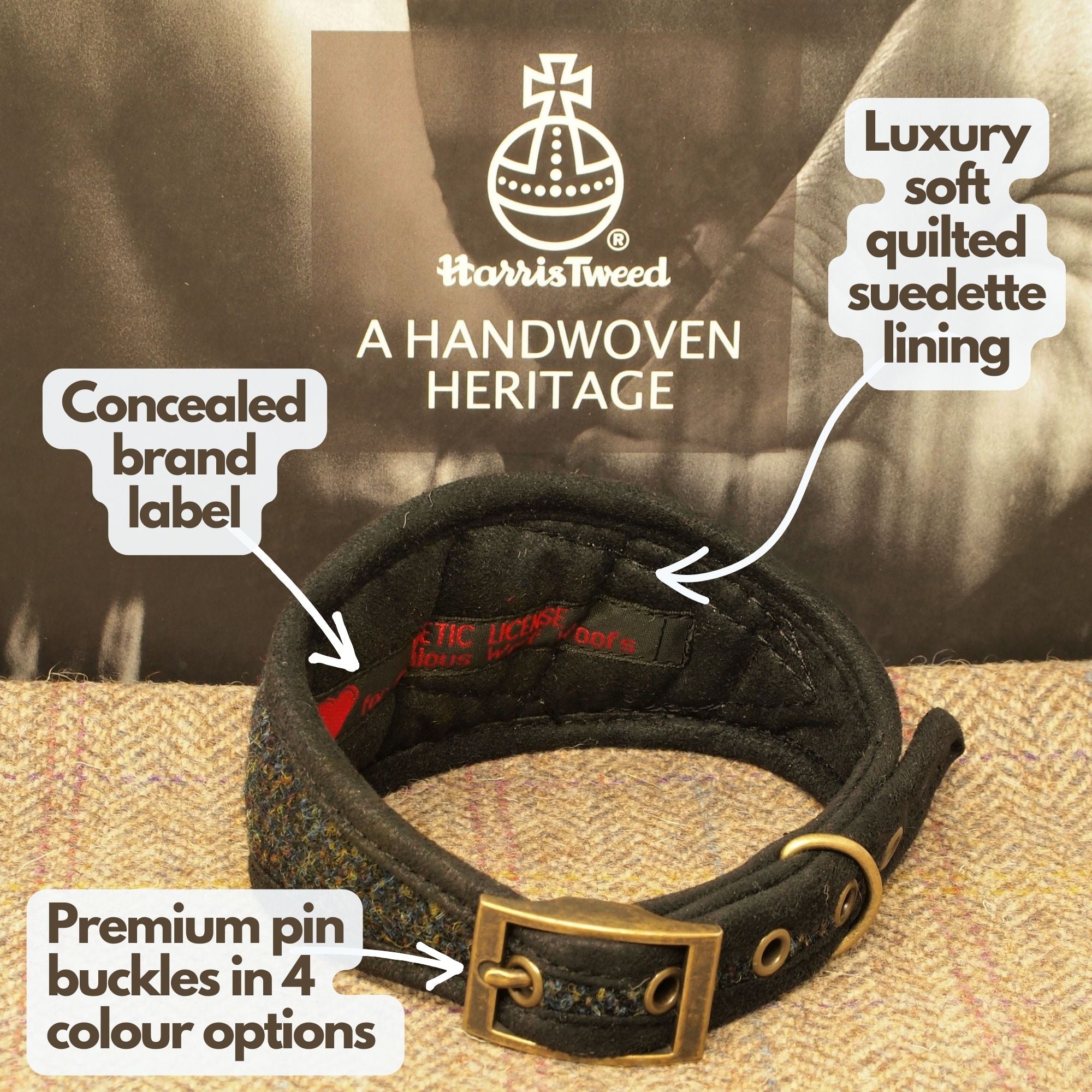 Harris Tweed Black & Gold Herringbone /custom Dog Collar, optional name personalisation.