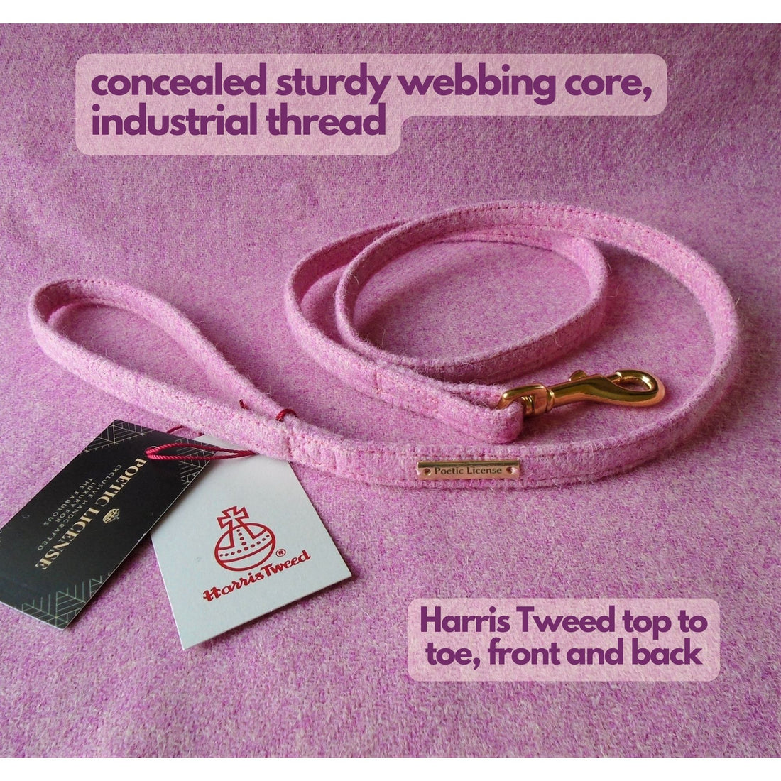 Bubblegum Pink Dog Lead, luxury Harris Tweed pet leash.