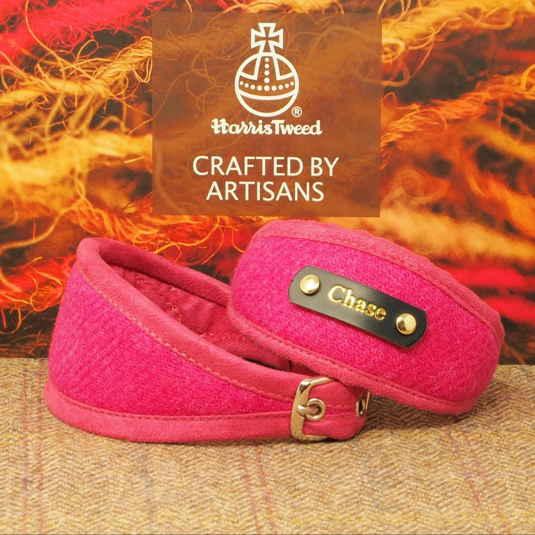 wide or slim fit, hot bright pink harris tweed sighthound greyhound lurcher deerhound iggy whippet collar, soft padded, personalised with dogs name on