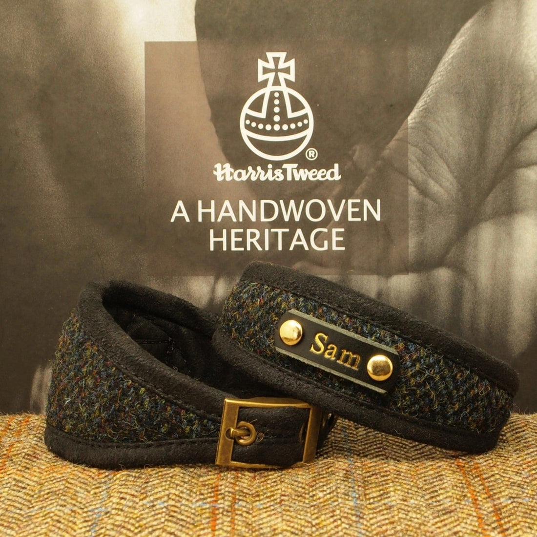 designer dog collar, whippet collar, hound collar in black harris tweed, personalised collar with dogs name on