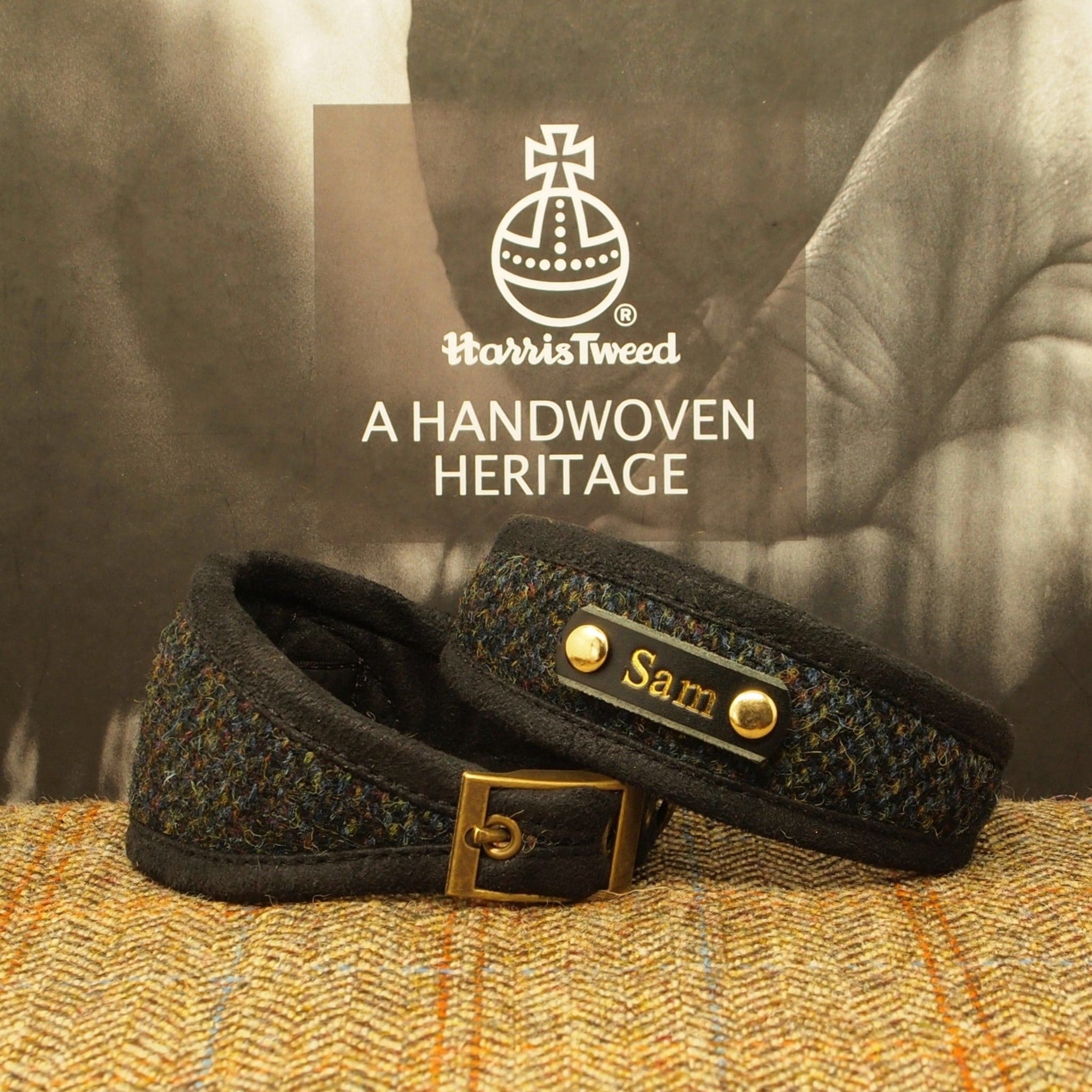 designer dog collar, whippet collar, hound collar in black harris tweed, personalised collar with dogs name on 