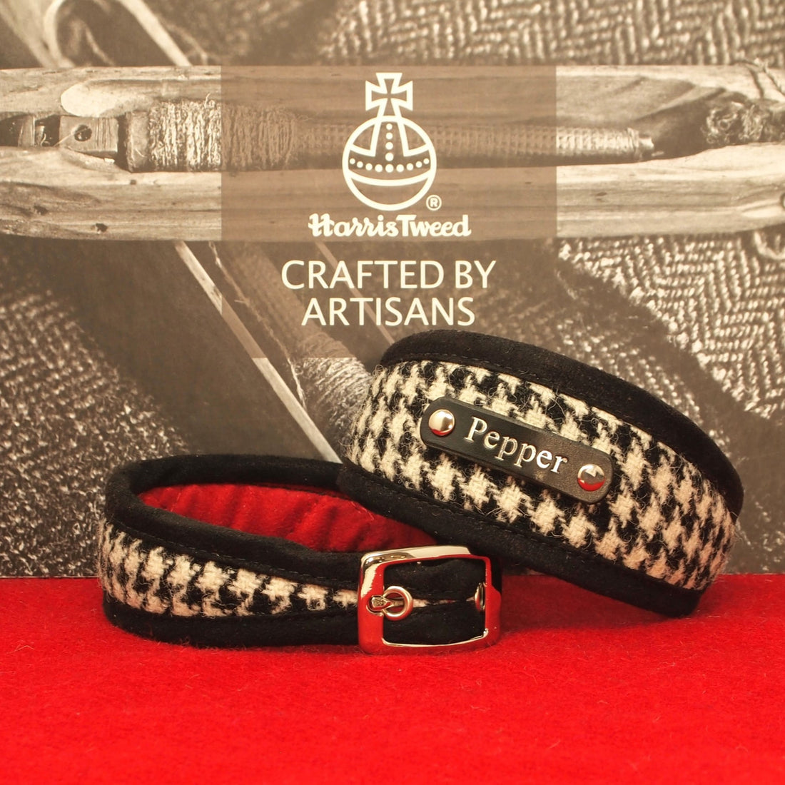 black and white houndstooth harris tweed dog collar, hand quilted inner, option to have dogs name on leather or biothane nameplate