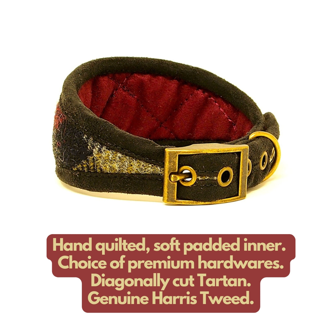 green dark red grey tartan harris tweed sighthound collar for whippet greyhound with soft padded and quilted inside