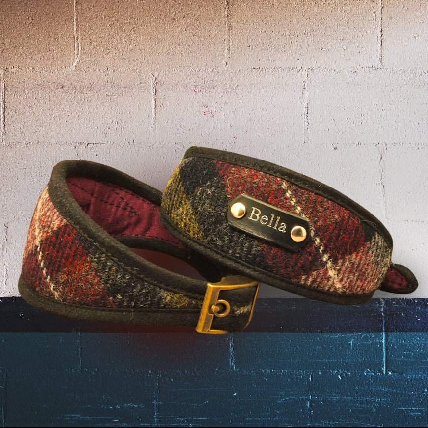 earth toned harris tweed tartan sighthound greyhound whippet collar or dog collar, personalized with dogs name on