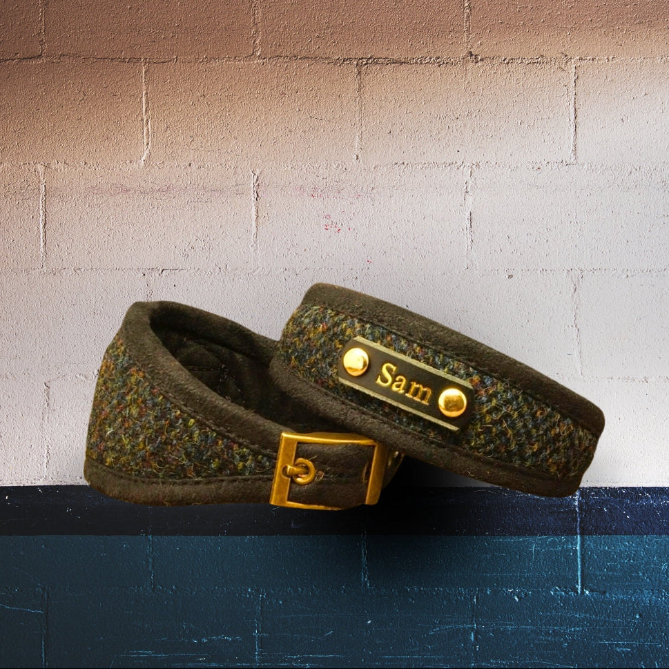 designer dog collar, whippet collar, hound collar in black harris tweed, personalised collar with dogs name on 