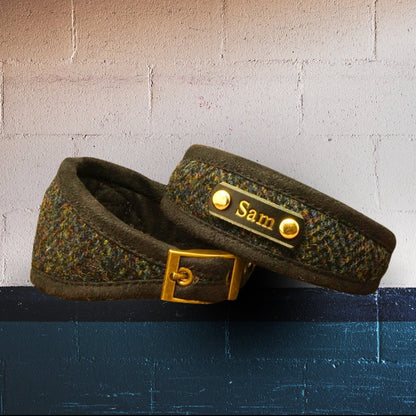 designer dog collar, whippet collar, hound collar in black harris tweed, personalised collar with dogs name on 