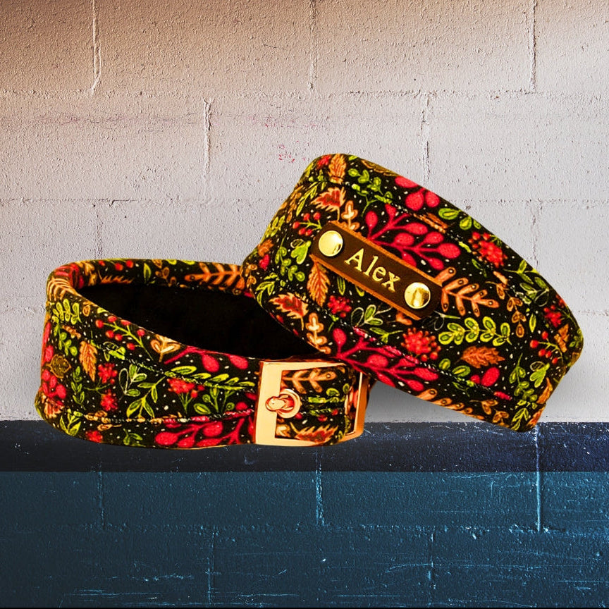 forest floral black pink green peach dog collar, sighthound whippet lurcher collar, designer dog collar personalised with dogs name on leather nameplate
