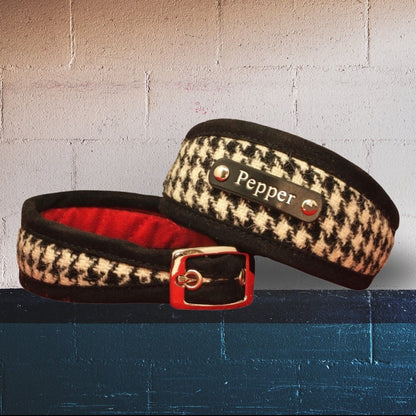 black white houndstooth check dog collars personalized with dogs name on, genuine harris tweed with bright red lining 
