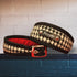 black white houndstooth check dog collars personalized with dogs name on, genuine harris tweed with bright red lining 