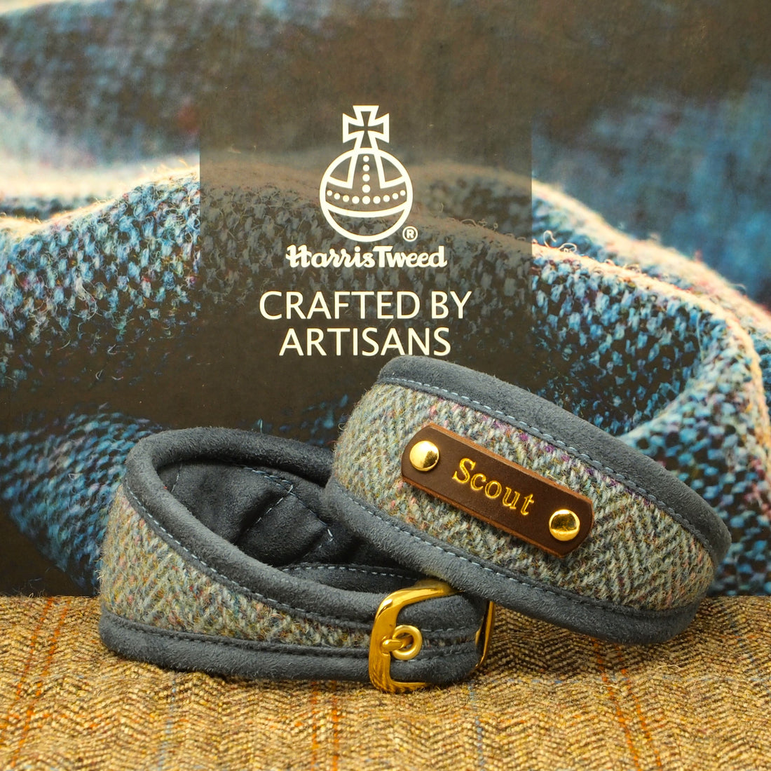 Harris Tweed Blue Dog Collar: option to have our collars personalized with your dogs name.