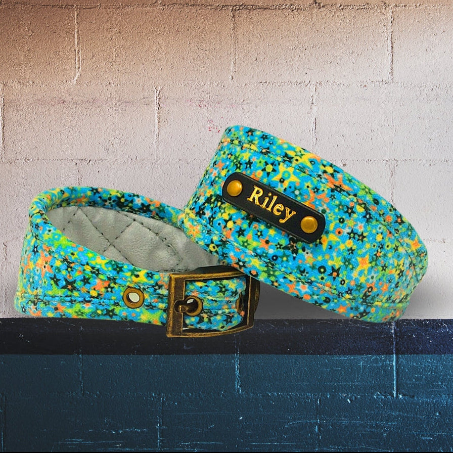 vegan chenille dog collar in blue green stars pattern with optional personalisation to add dogs name or phone number
