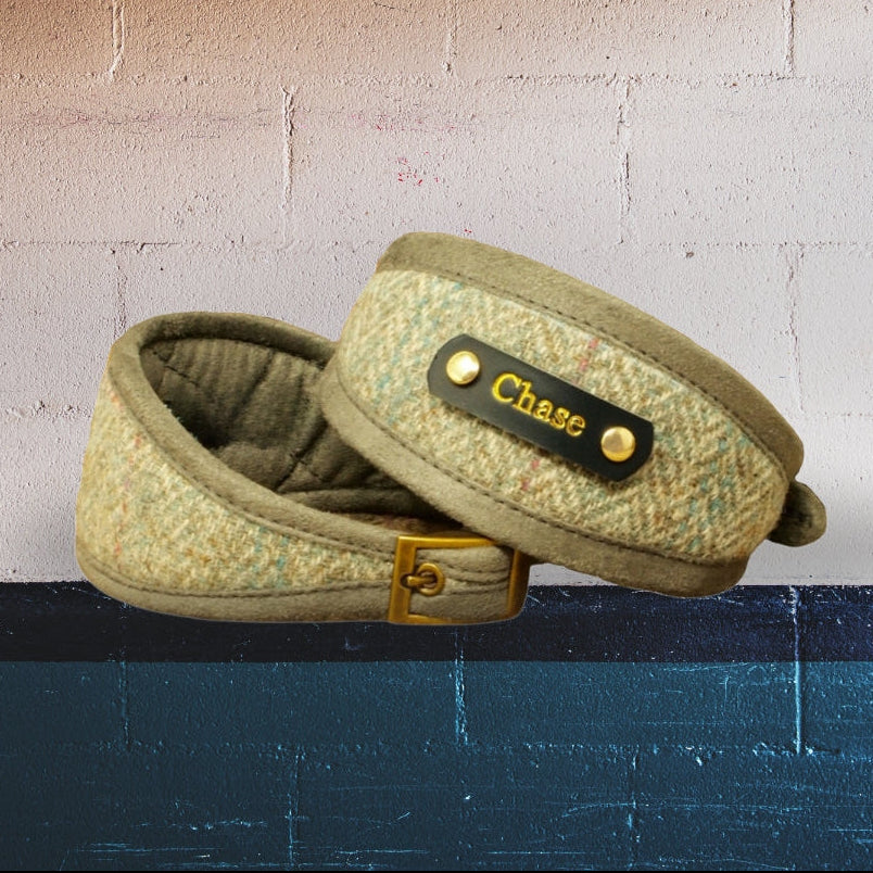 silver grey harris tweed whippet greyhound sighthound collar, custom collar with dogs name on