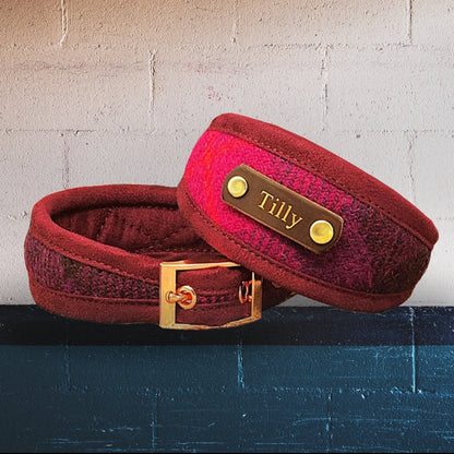 harris tweed purple tartan plaid sighthound greyhound whippet collar personalised with dogs name