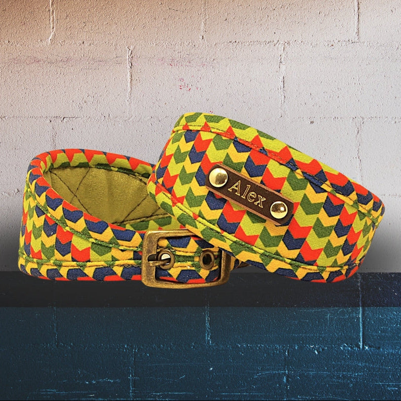 green red blue yellow geometric soft padded whippet greyhound sighthound lurcher iggy collar custom personalised with dogs name on