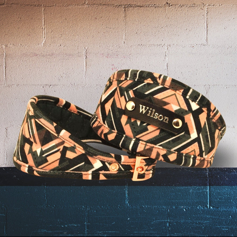 greyhound sighthound whippet afghan deerhound saluki luxury green salmon nude geometric soft padded sighthound collar with internal padding ideal for sensitive necks, personalised with dogs name on, designer dog collar in green and nude pink