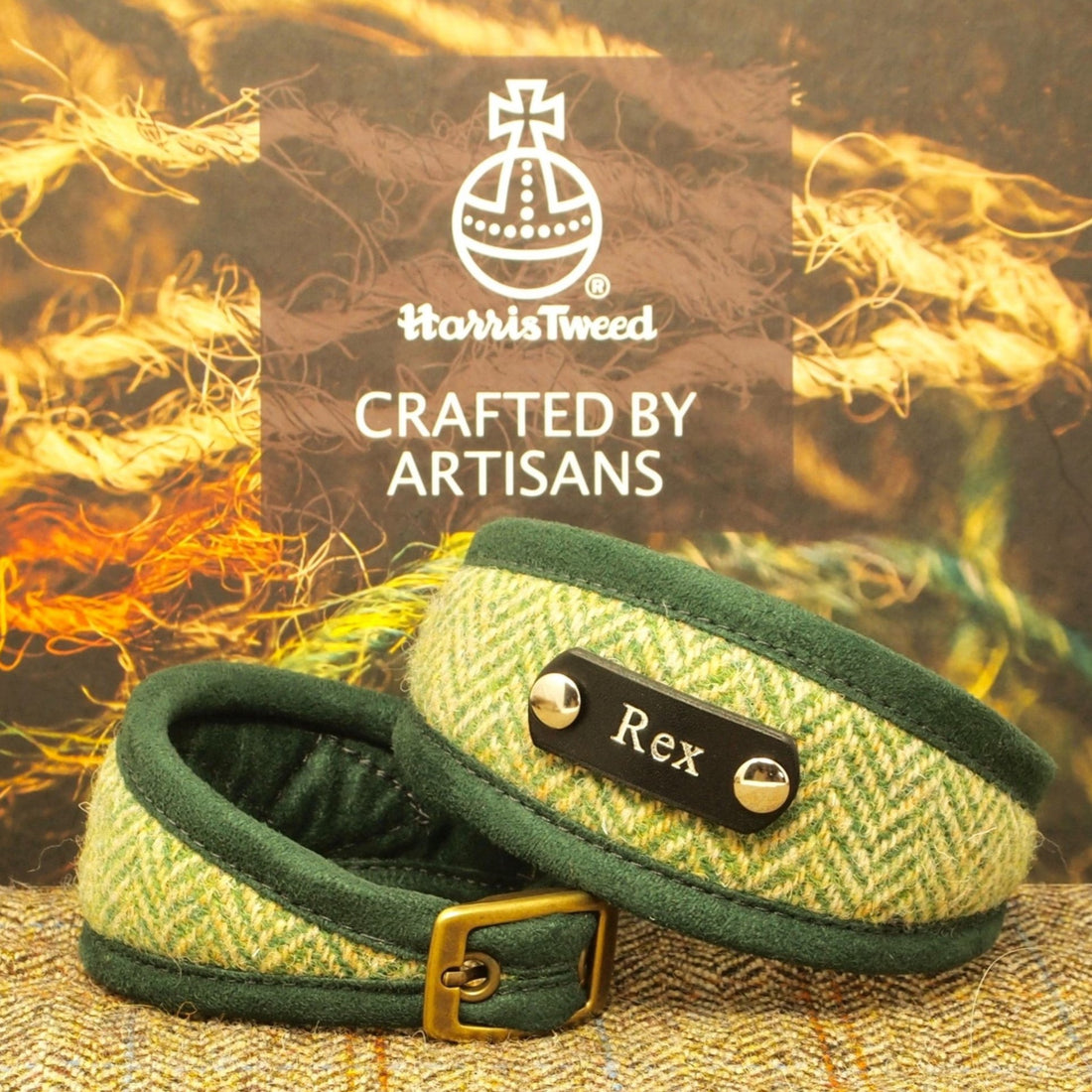 harris tweed green herringbone personalised dog collar, sighthound greyhound whippet collar with dogs name on