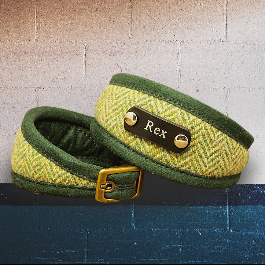green herringbone harris tweed dog collar, sighthound collar custom personalised with dogs name on