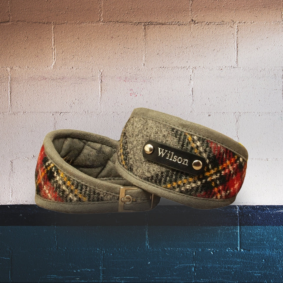 designer dog collar in grey red yellow scottish tartan harris tweed sighthound whippet greyhound lurcher whippet collar personalised with dogs name on