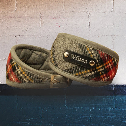 designer dog collar in grey red yellow scottish tartan harris tweed sighthound whippet greyhound lurcher whippet collar personalised with dogs name on