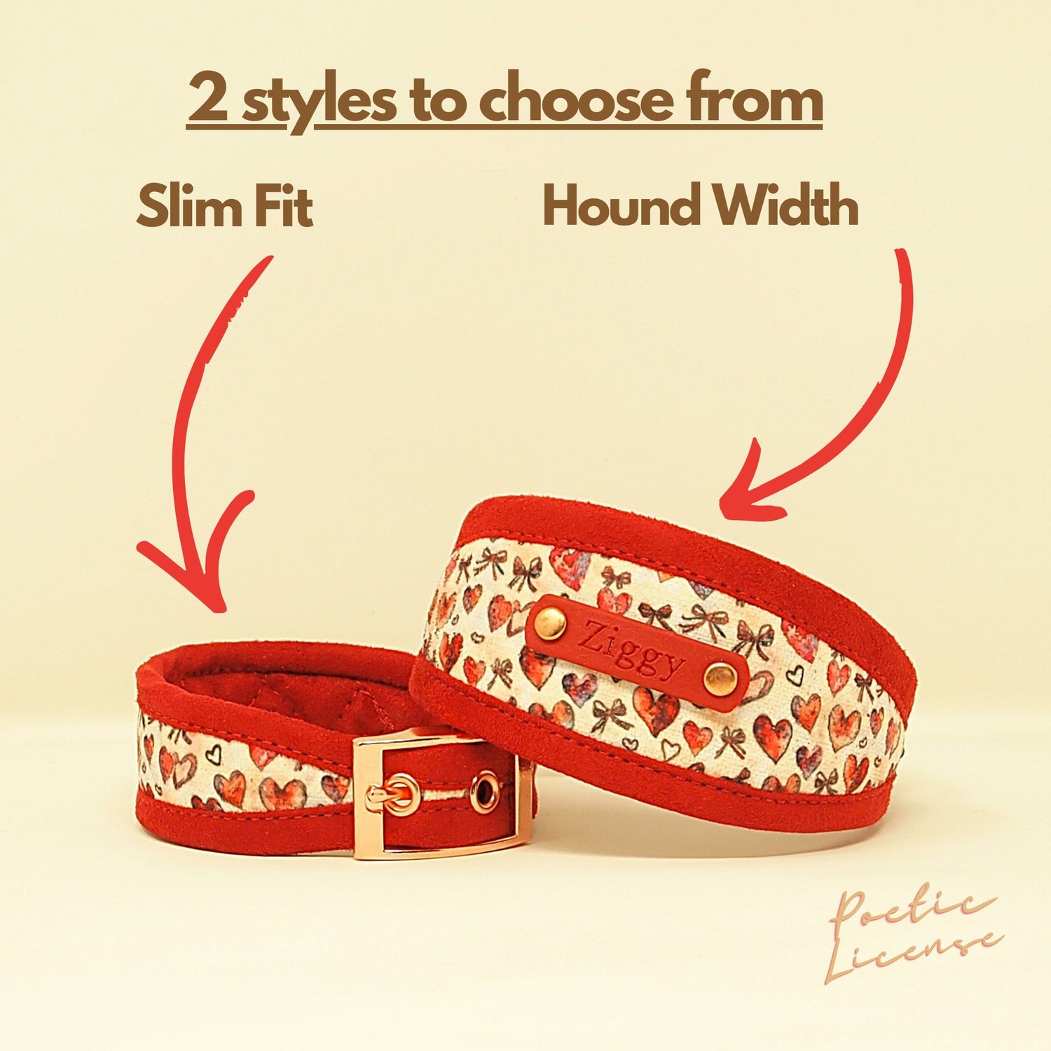 Hearts Dog Collar, in Hound Width or Slim Fit, with optional personalisation.