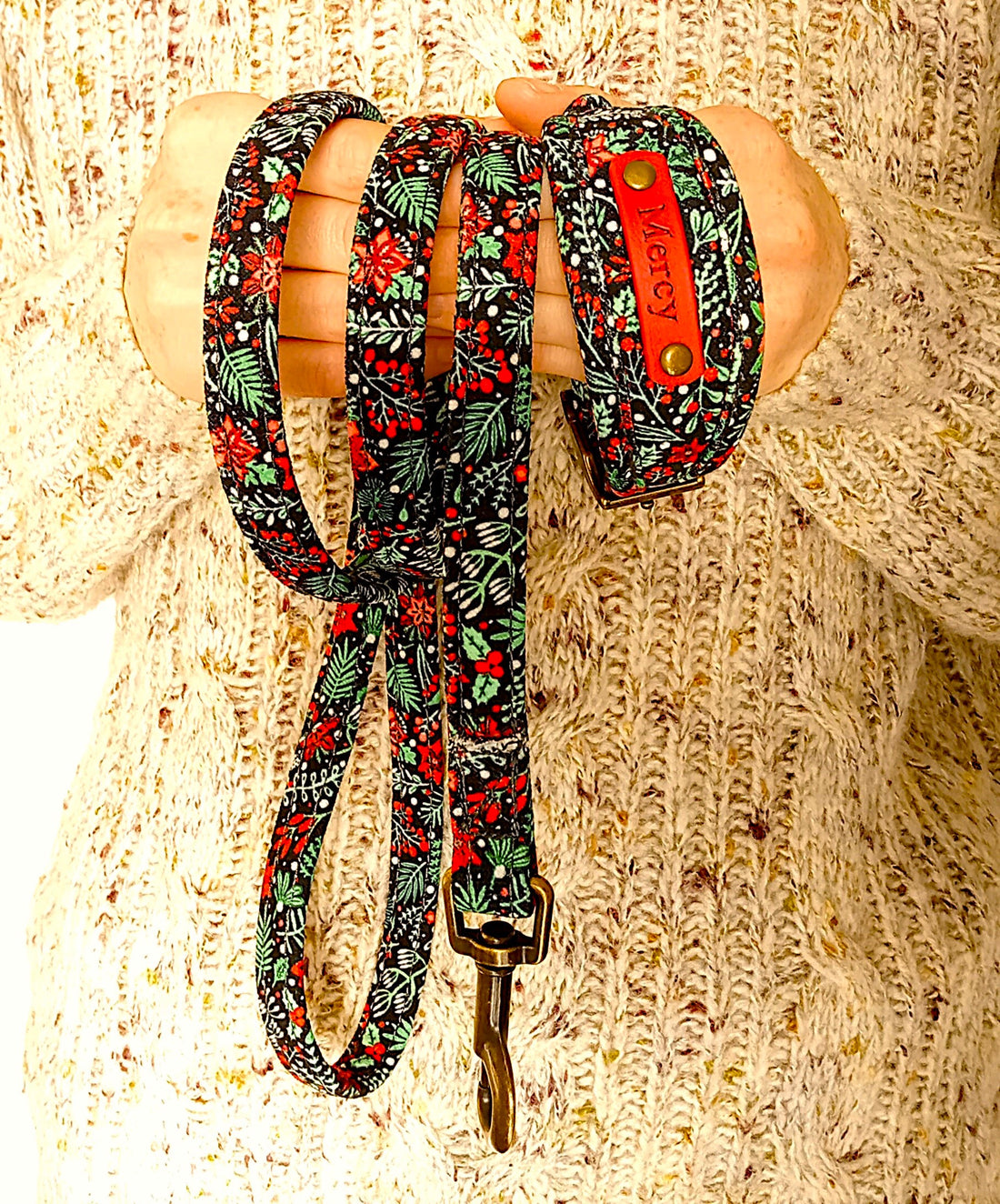 Personalised Holly &amp; Poinsettia Dog collar, soft &amp; padded collar. Puppy collars to X-Large