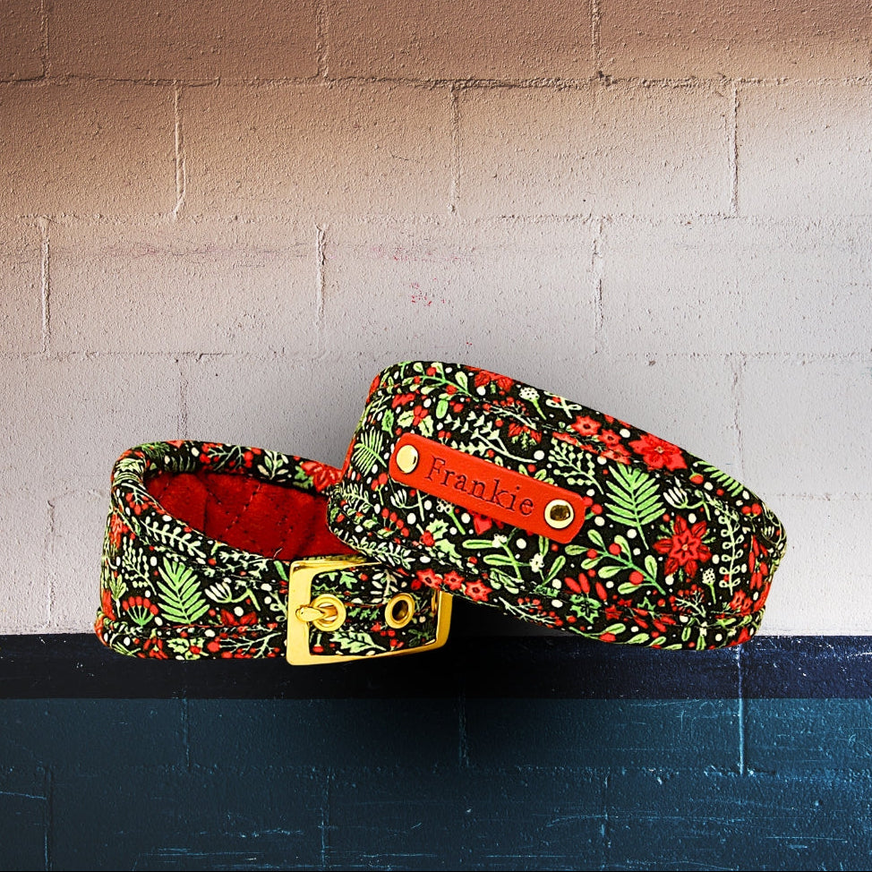 Christmas dog collar with holly, poinsettia, holly leaves and snowball pattern, dog collar for whippets greyhounds sighthounds salukis with personalization option to add dogs name