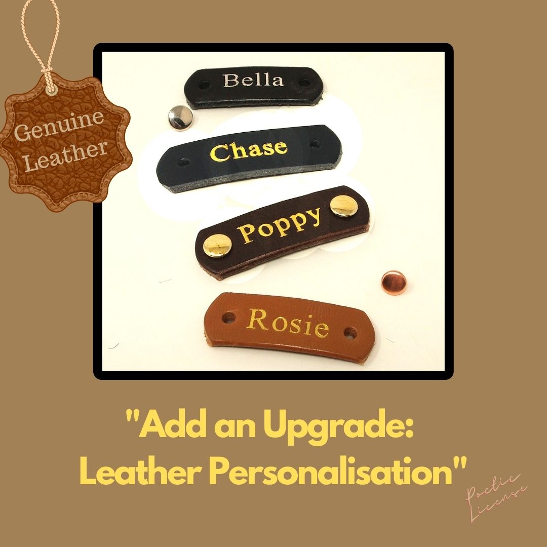 personalised dog collars on leather with gold foil, silver foil or neutral deboss