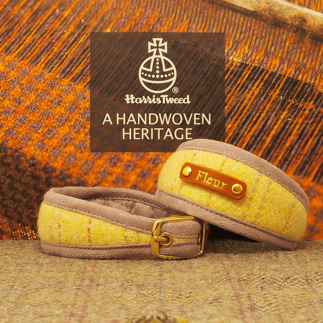 Lemon Stripe Harris Tweed Dog Collar, Greyhound, Whippet. Can be personalised with name on the collar