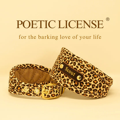 leopard print dog collar, whippet greyhound lurcher iggy wolfound. Vegan dog collar personalized with dogs name on 