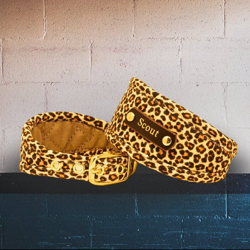 leopard print dog collar, whippet greyhound lurcher iggy wolfound. Vegan dog collar personalized with dogs name on 